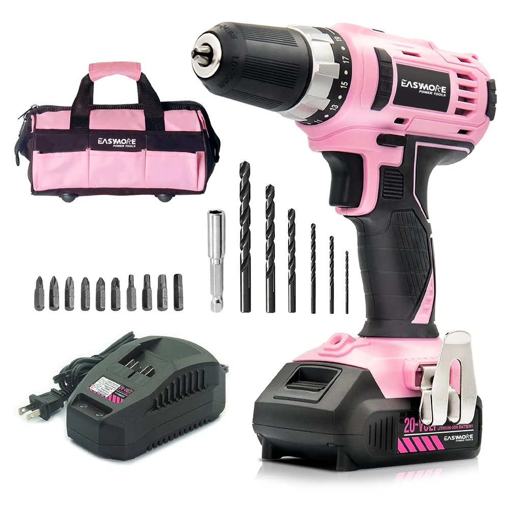 wireless power hand pink drill 20v cordless lithium electric drill set with battery and charger