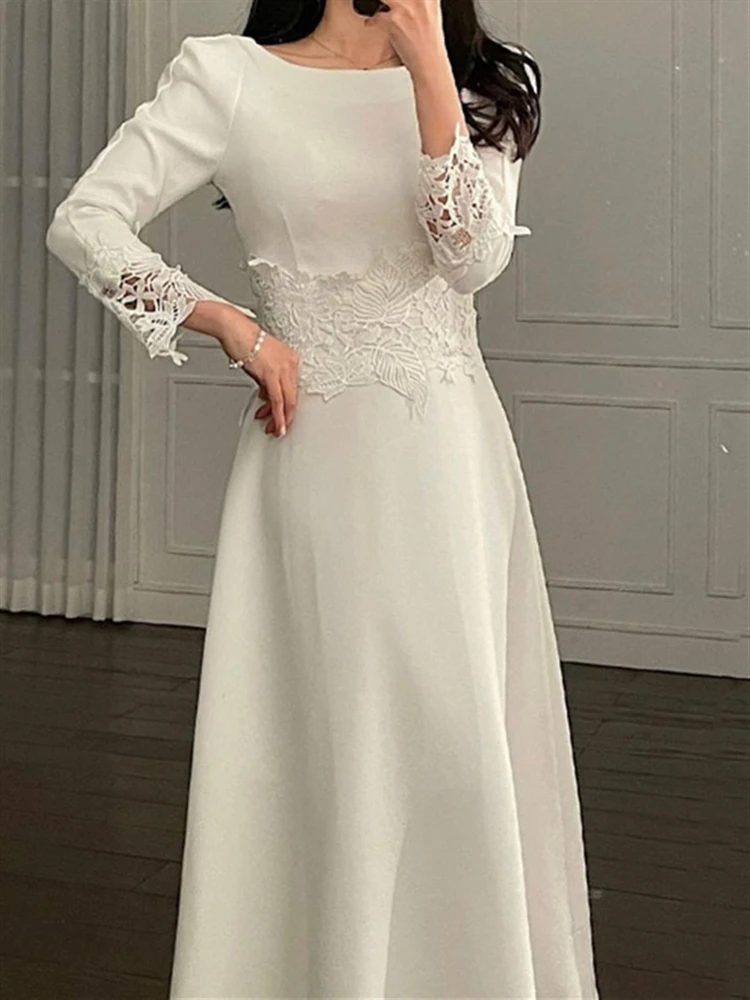 Lace Maxi Dress for Women Fall Clothes Female 2022 Solid White Party Embroidery High Waist Elegant Vestido De Mujer Woman Dress