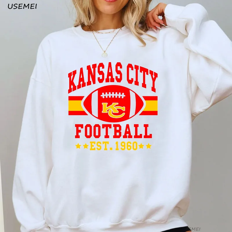 Kansas City Football Game Day Women's Sweatshirts Harajuku Pullover Long Sleeve Hoodies Spring Autumn Crewneck Sweatshirt