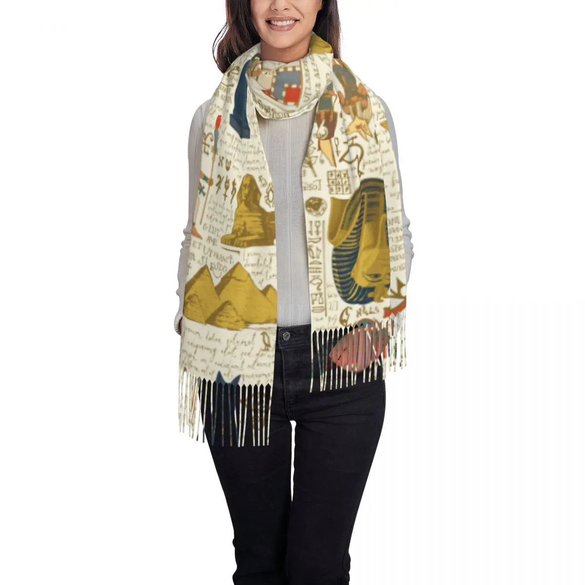 Womens Ancient Hieroglyphs Egypt Cashmere Scarf Soft Egyptian Mural Pharaoh Pashmina Shawls and Wraps Scarves forDaily Wear