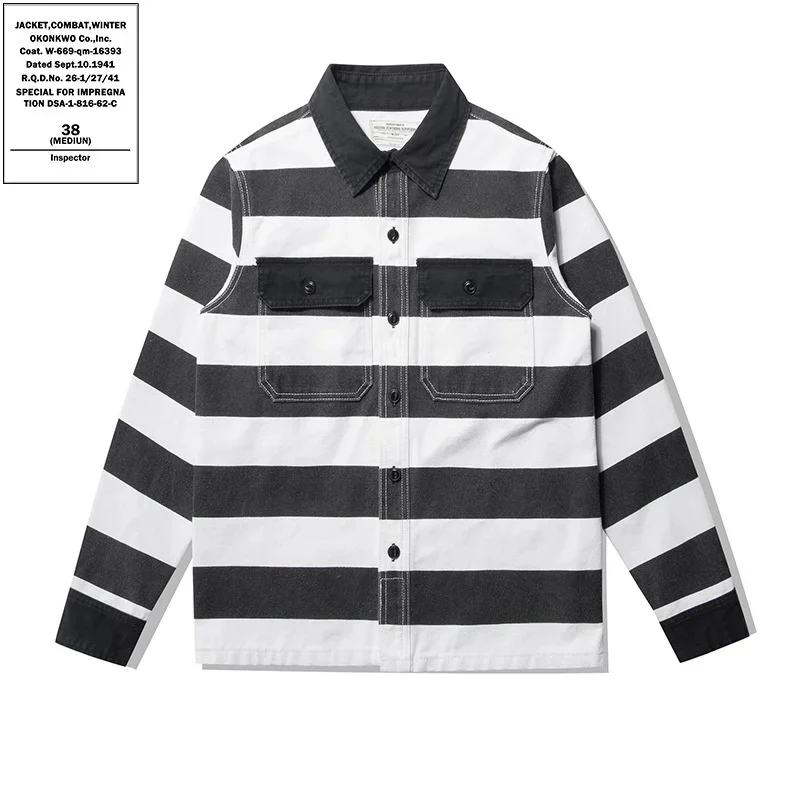 OKONKWO 16oz Heavyweight Prisoner Striped Jacket Thick Canvas Motorcycle Coat Outdoor Trekking Camping Hunting AMIKAJI Shirt