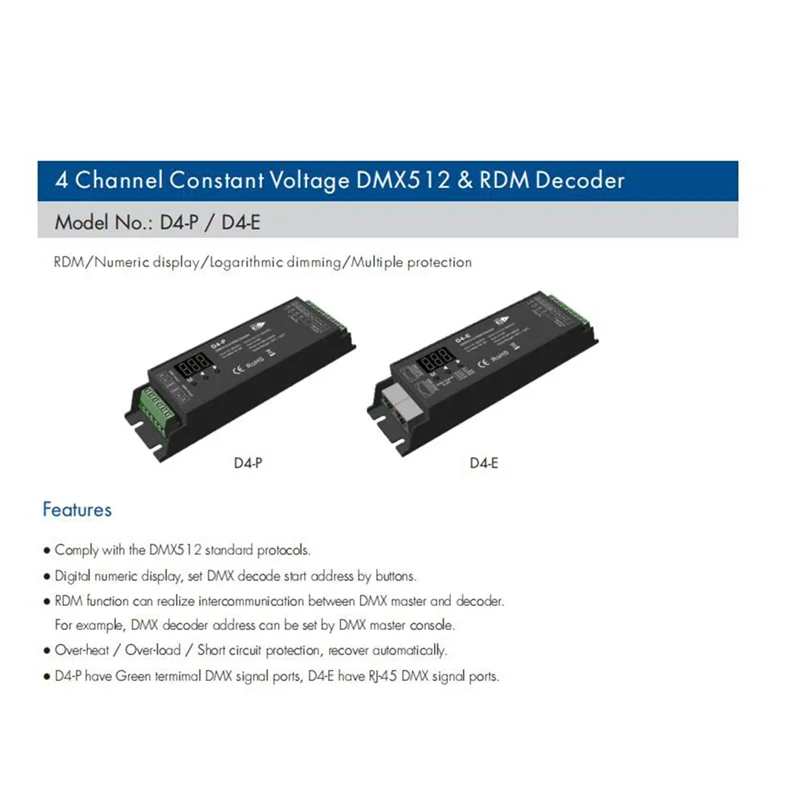 D4-P 4-kanałowy PWM Stałe napięcie DMX i RDM Dekoder LED Kontroler Cyfrowy wyświetlacz XLR3 Port RJ45 DC12-36V Wejście 8Ax4CH