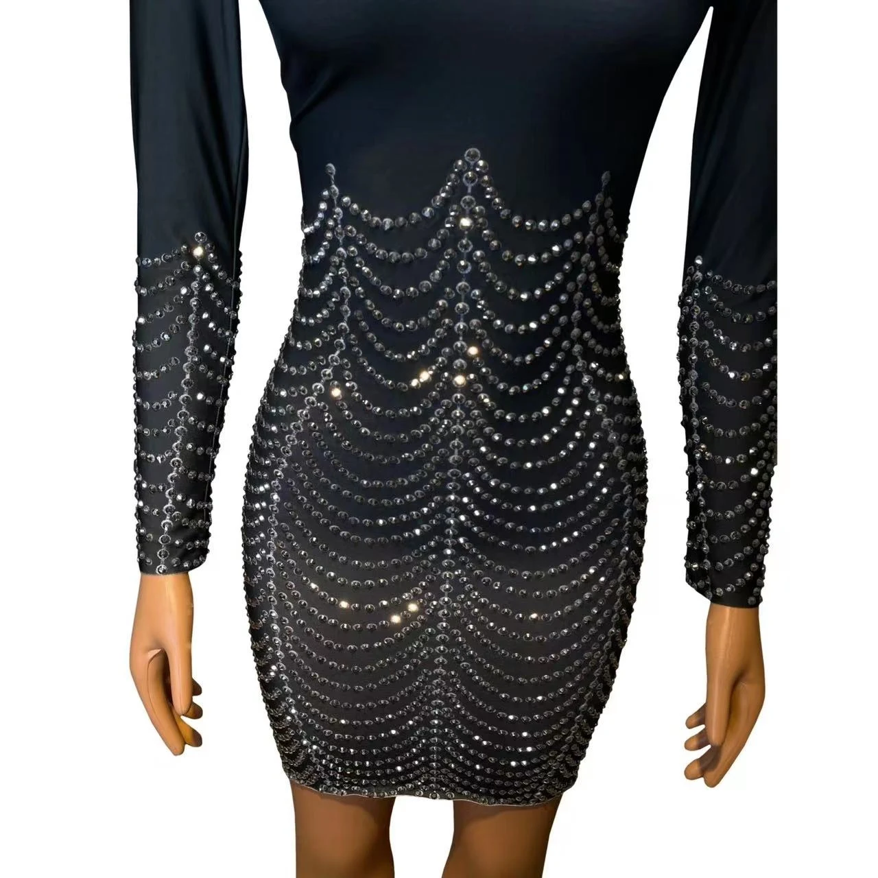 Abito con strass Cantante Performance Wear Donna Nero Manica lunga Festa di compleanno Abiti da festival Costume da drag queen VDB7953