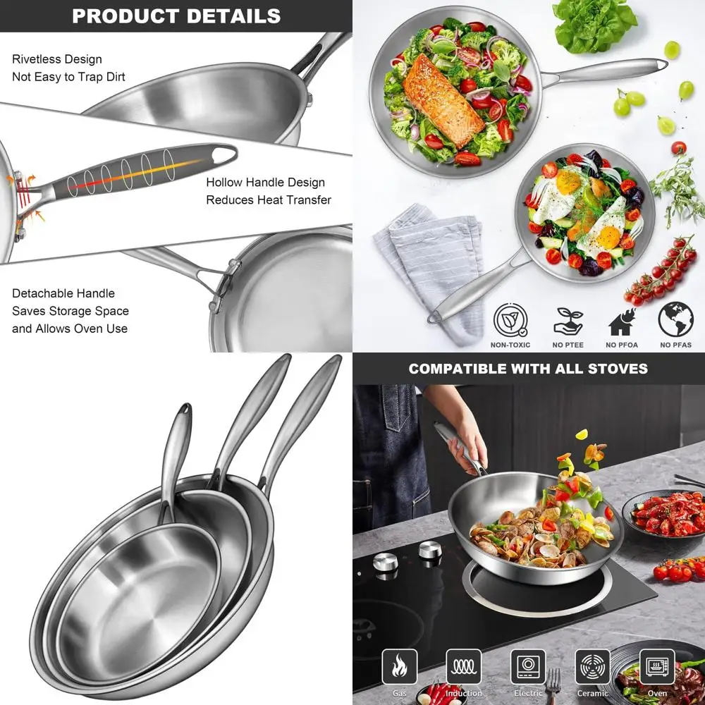 

Stainless Steel Fry Pan Set, 8-12 Sizes, PFOA-Free, Oven & Dishwasher Safe, Induction Compatible