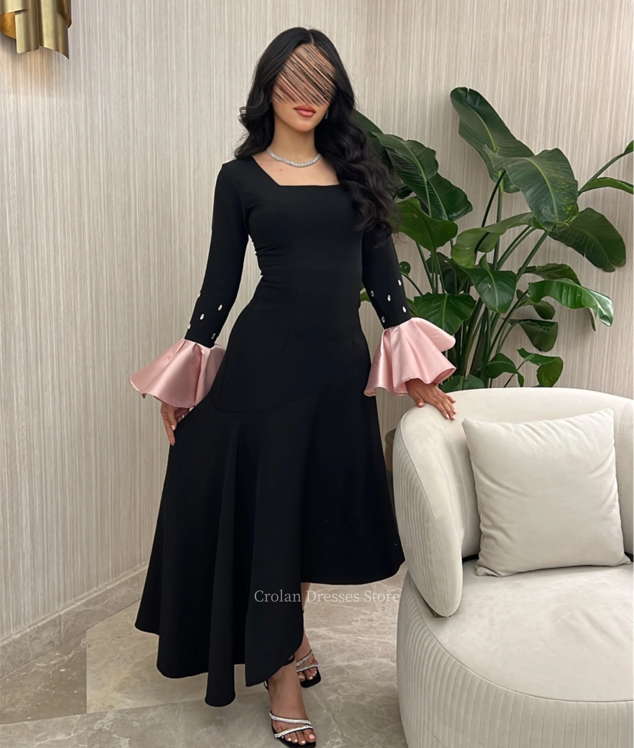 

Elegant Saudi Arabia Square Collar Evening Dresses With Crystal Classic Long Flare Sleeves Ruffles Valentine's Day Prom Dress