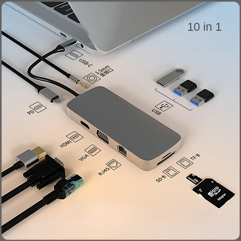 

Док-станция USB Type-C 10 в 1, 3,0 дюйма, RJ45, HDMI