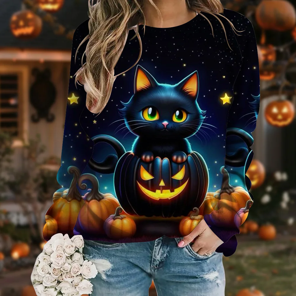 Spersonalizowany nadruk kota Halloween O-neck Top damski na jesień i zimę Casual Daily Wygodna bluza z długim rękawem