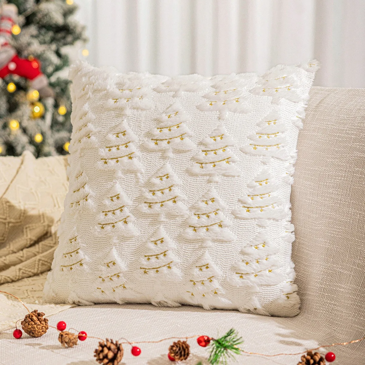 White Christmas Decorative Throw Pillow Cover Soft Faux Fur Pillow Case Covers with Christmas Tree Stars for Couch Sofa Bed Room