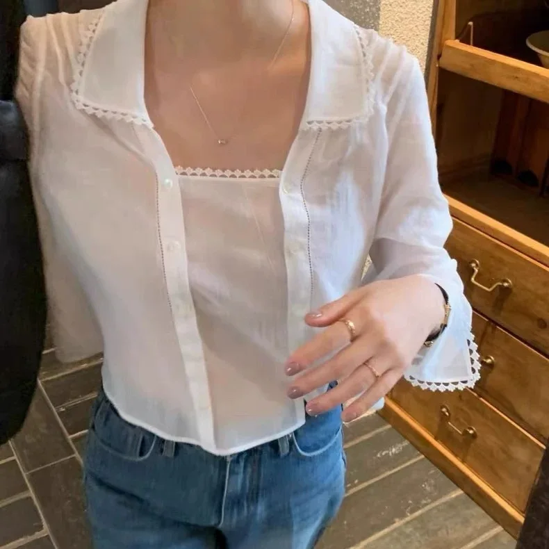 

Korean Style Pure Color Long Sleeve Lace Collar Double Button Women's Shirt Top Breathable Comfortable Loose Fit Spring Summe...