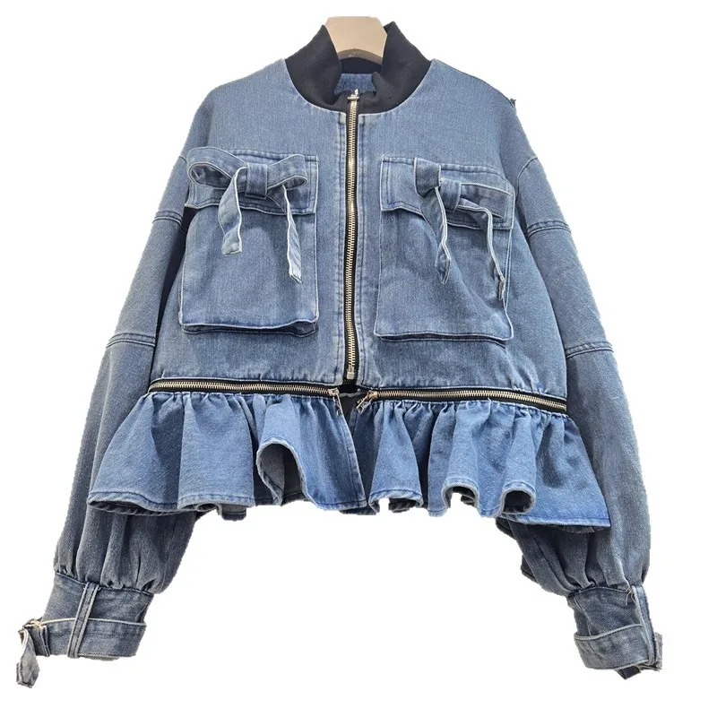 

European Niche Design Fashionable Heavy Craft Three-Dimensional Bowknot Patchwork Ruffle Zipper Loose Denim Jacket for Women