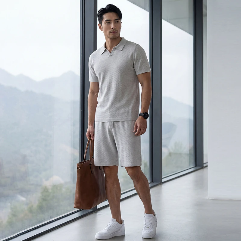 Spring And Summer High-End Men'S Suit Mulberry Silk Knitted Polo Shirt T-Shirt Fashionable Casual Shorts Two-Piece Men'S Outfit