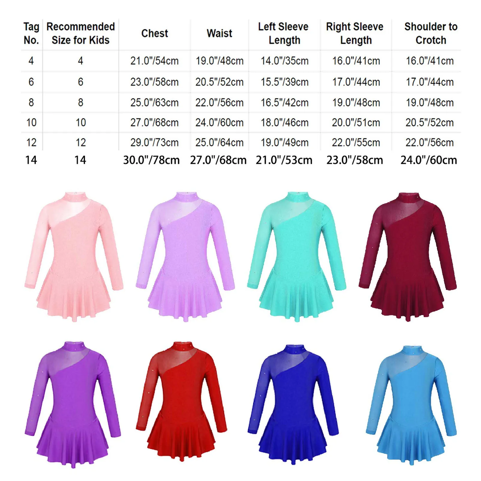 Girls Figure Skating DressCostume Long Sleeve Shiny Rhinestone  Ballet Gymnastics Leotard for Ballroom Performance Competition