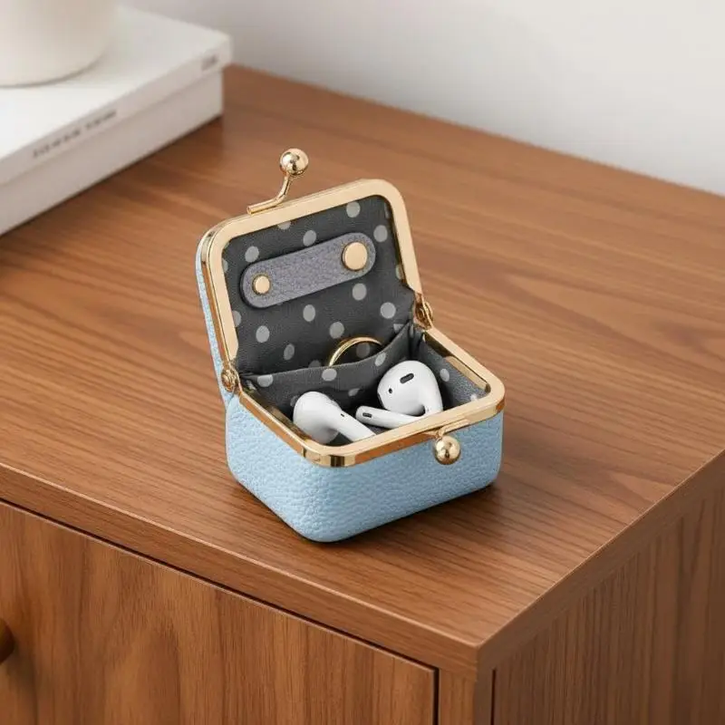 NEW Wallet Genuine Leather Kiss Lock Coin Purse Solid Color Square Leather Jewelry Bag Multifunctional Small Item Bag Earrings