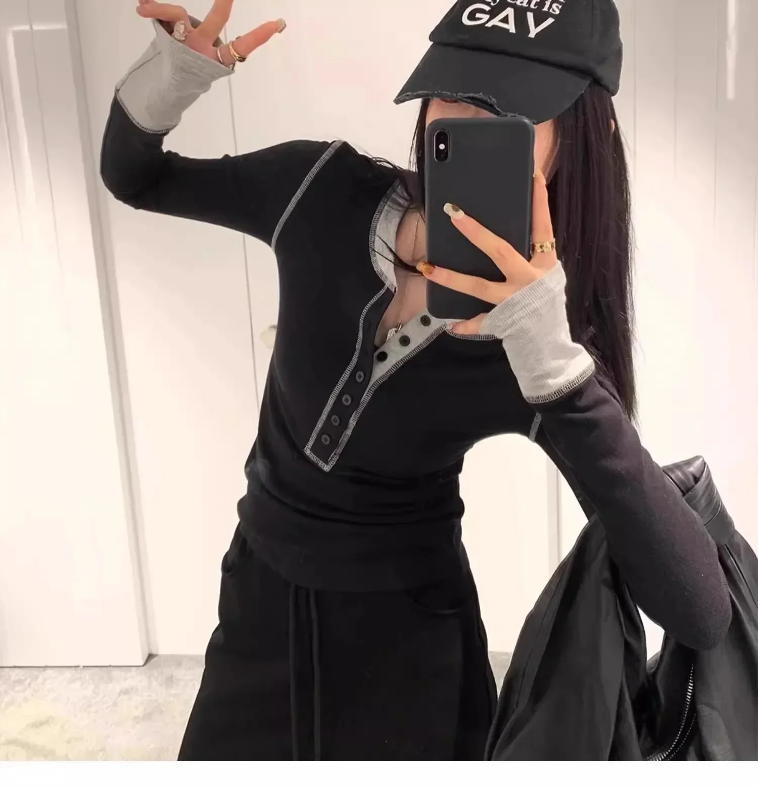 

Лоскутная футболка, женская одежда с длинным рукавом, корейская мода, осень-зима, повседневная тонкая женская одежда, футболки, шикарные футболки