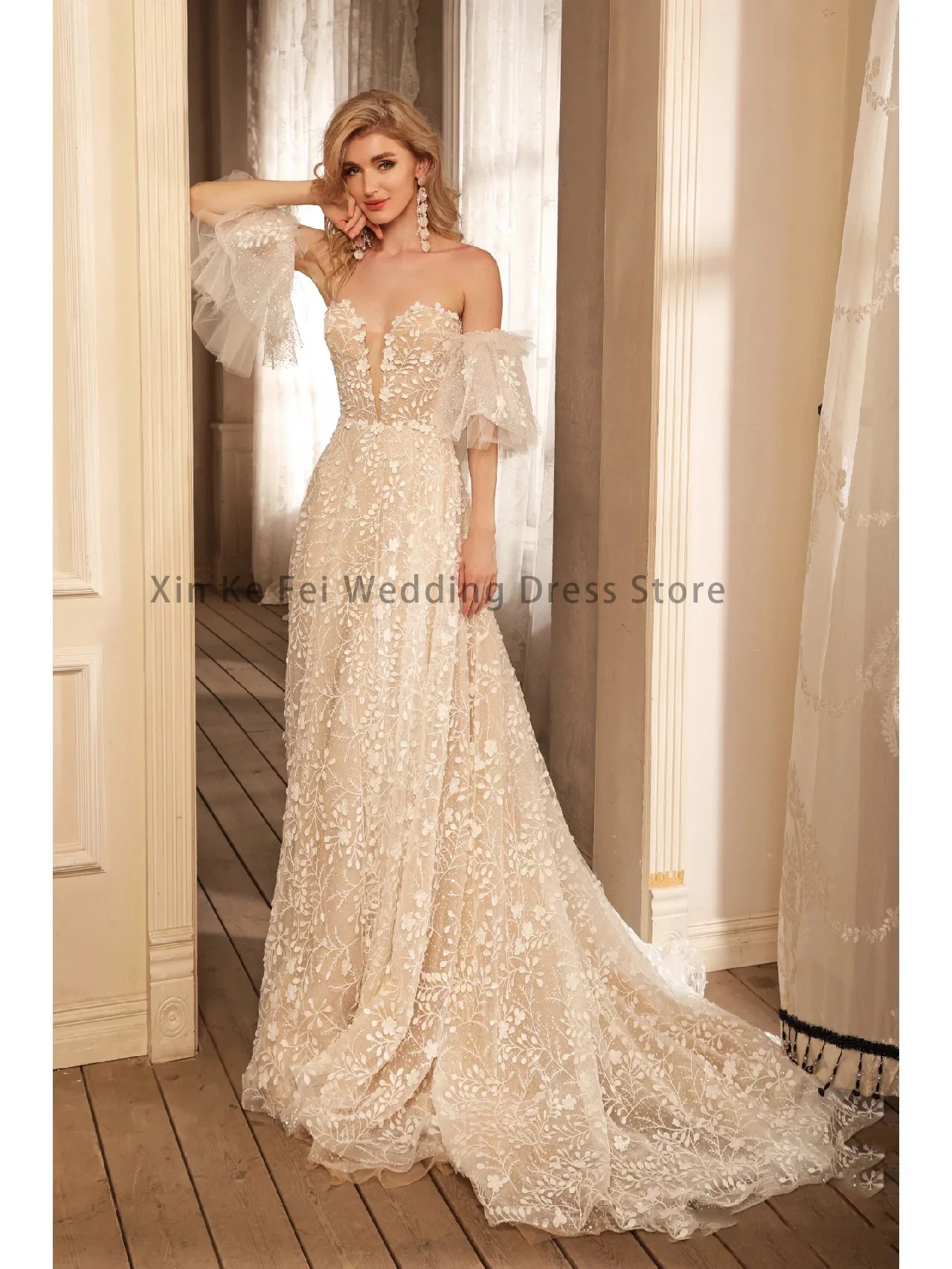 Gorgeous Women's Lace Wedding Dresses Sexy Deep V-neck Detachable Sleeves Princess Bridal Gown Formal Beach Vestidos Robe Mariée