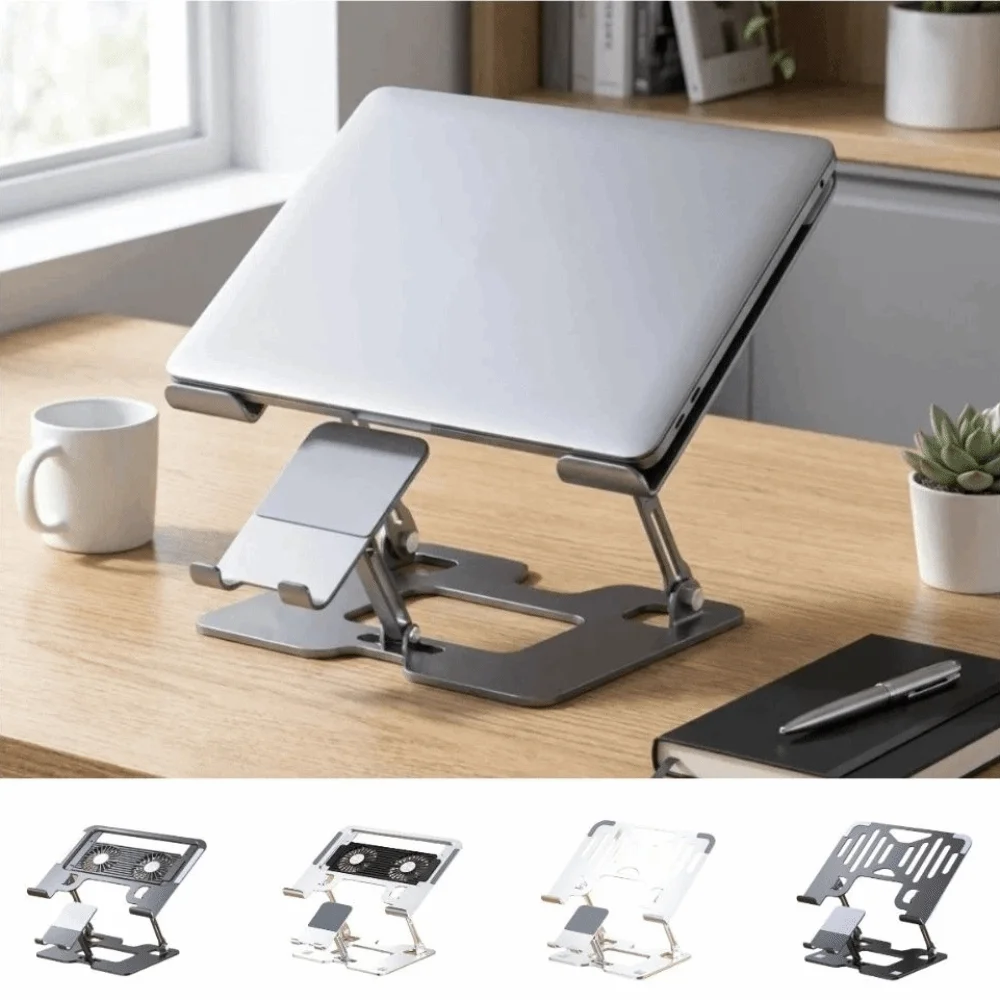 2-in-1 Laptop Stand Phone Holder Carbon Steel Ergonomic Laptop Cooling Stand Heavy Duty Foldable Notebook Rack Streaming