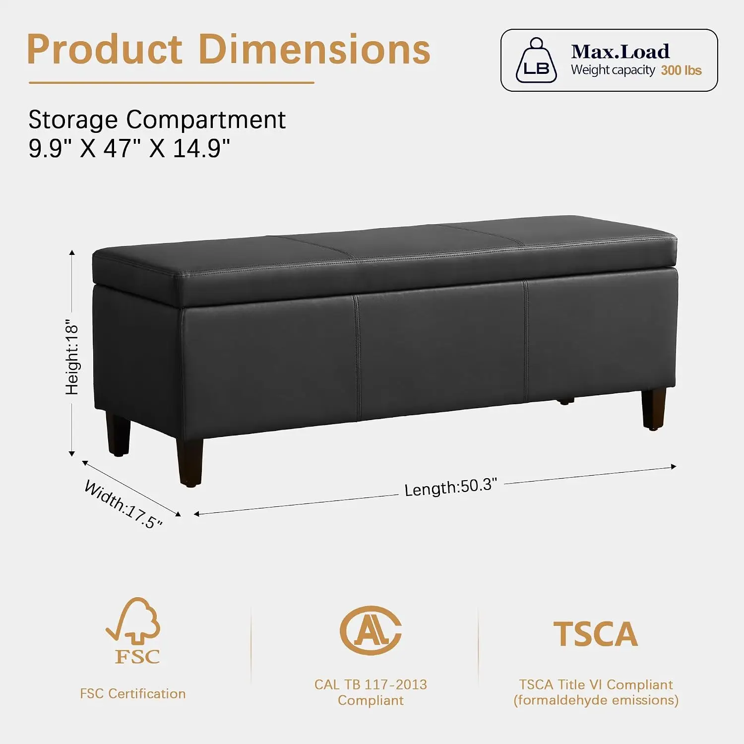 Faux Leather Storage Ottoman Bench 50.3 Inch Extra Long PU Upholstered Bedroom Bench with Large Storage Space for, Customized
