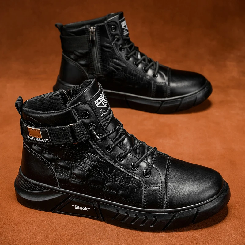 

Original Black Men's Ankle Boots Big Size 48 Fashion Casual Leather Boots Man Non-slip Outdoor Boots For Men High Top Work Shoes