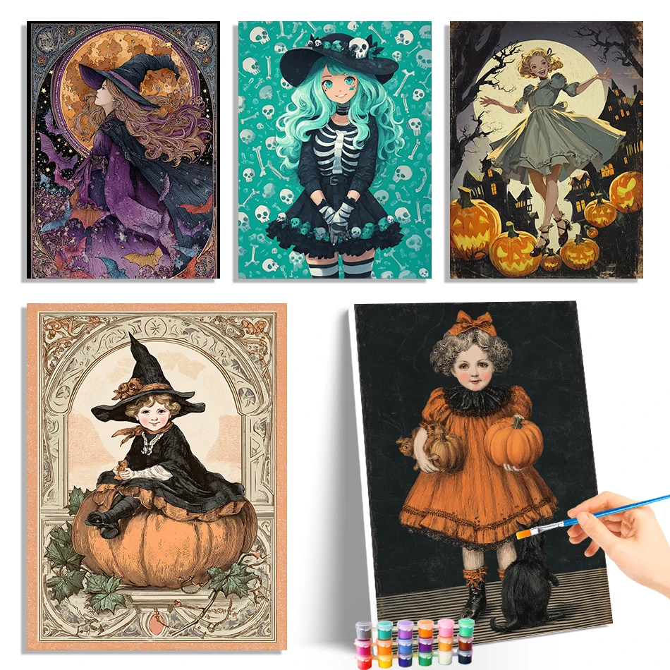 

GATYZTORY Canvas Painting By Numbers Drawing On Canvas Halloween Witch Canvas Picture Adult Coloring Oil Color Markers Handmade