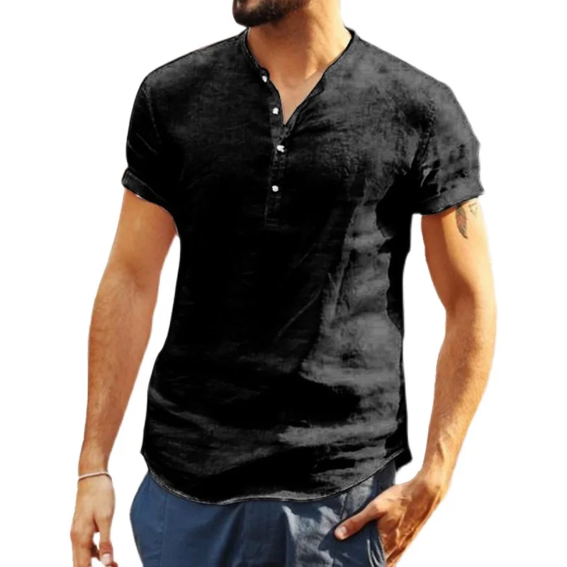 Csa Masculina de Linho com Gola Alta e Manga Curta, Respirável, com Tecnologia de Absorção de Umidade, Ajuste Slim, Estilo...