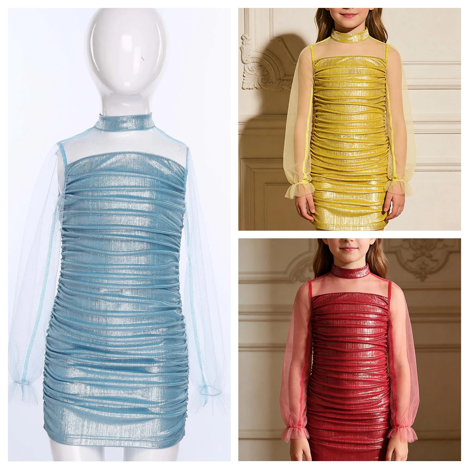 

Прозрачное сетчатое танцевальное платье с длинными рукавами для девочек, детское пышное платье принцессы металлического цвета с рюшами для выпускного вечера, бальное платье, детская одежда