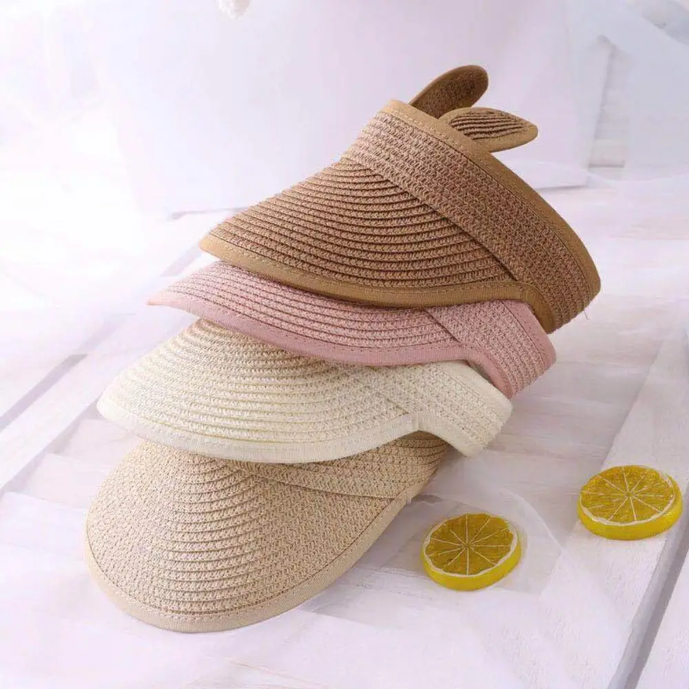 Lovely Bear Ears Empty Top Hat Baby Straw Cap Children Long Brim Sun Visors Kids Adjustable Summer Beach Bonnet Boy Girl Props