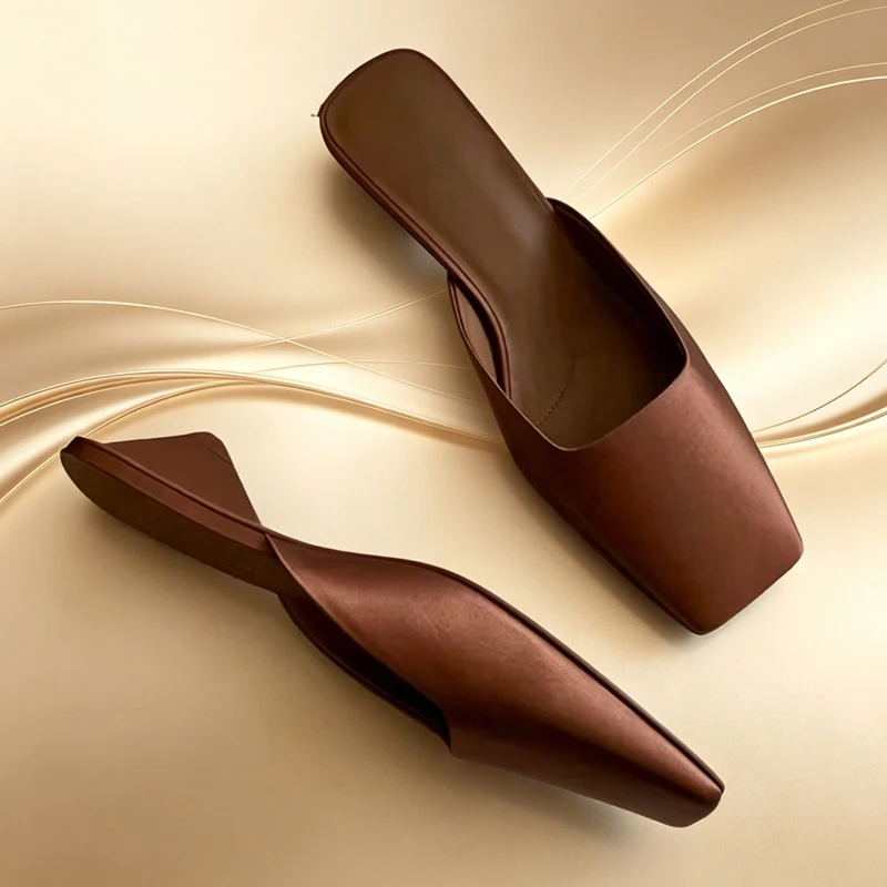 

Aneikeh Brown Luxury Satin Sandals Women Summer Sexy Square Head Strange Low Heel Slide Sandals Chunky Heel Elegant Slippers