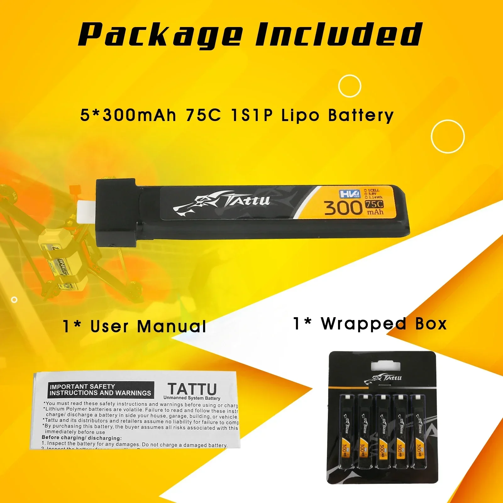 TATTU 5PC 1S 300mAh 3.8V 75C HV 4.35V Lipo Battey With BT2.0  PH2.0 Plug For BETAFPV Ceuts FPV Kit Racing Drone FPV BT2.0  PH2.0