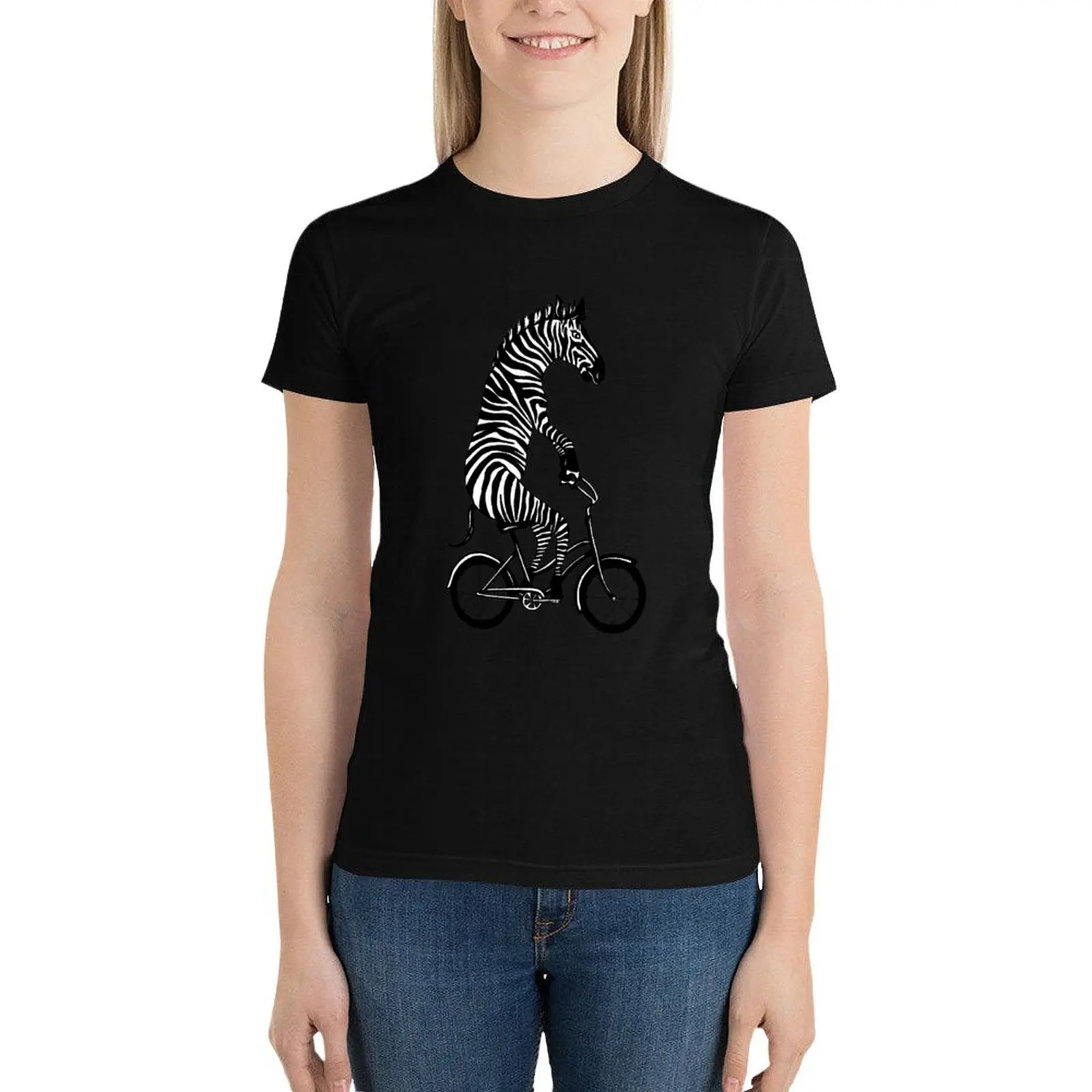 

Zebra on bike T-Shirt funny tees animal print shirt for girls tops for Women