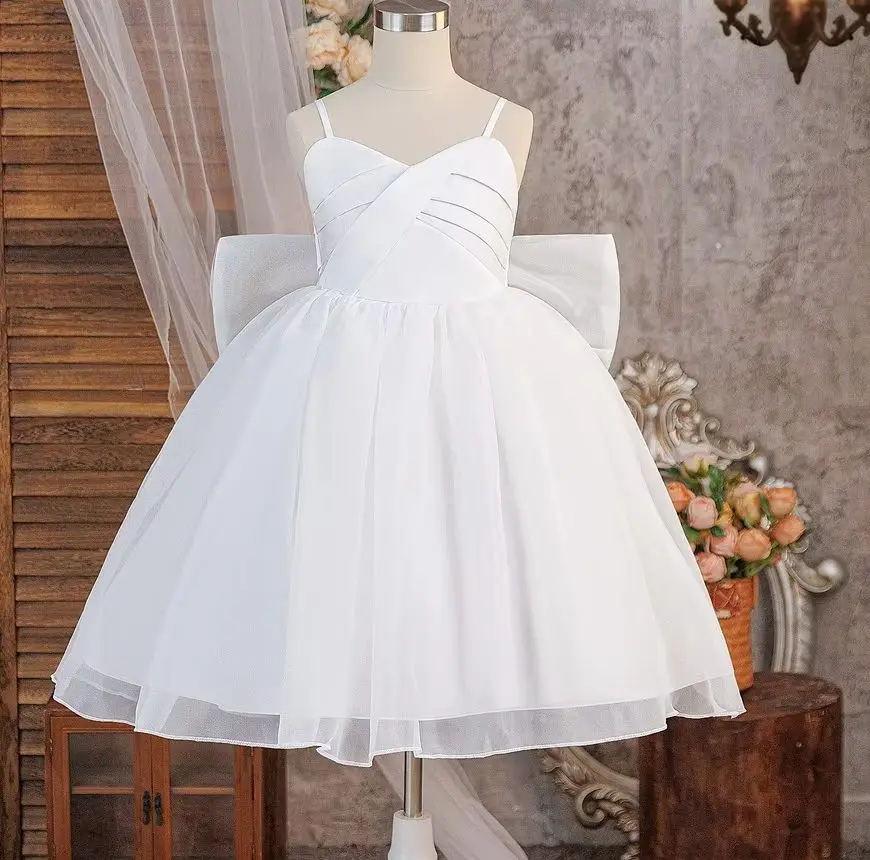 New Young Girl Party Dresses with Big Bow Girls Wedding Dress Solid White Clothes 8-12 Years Straps