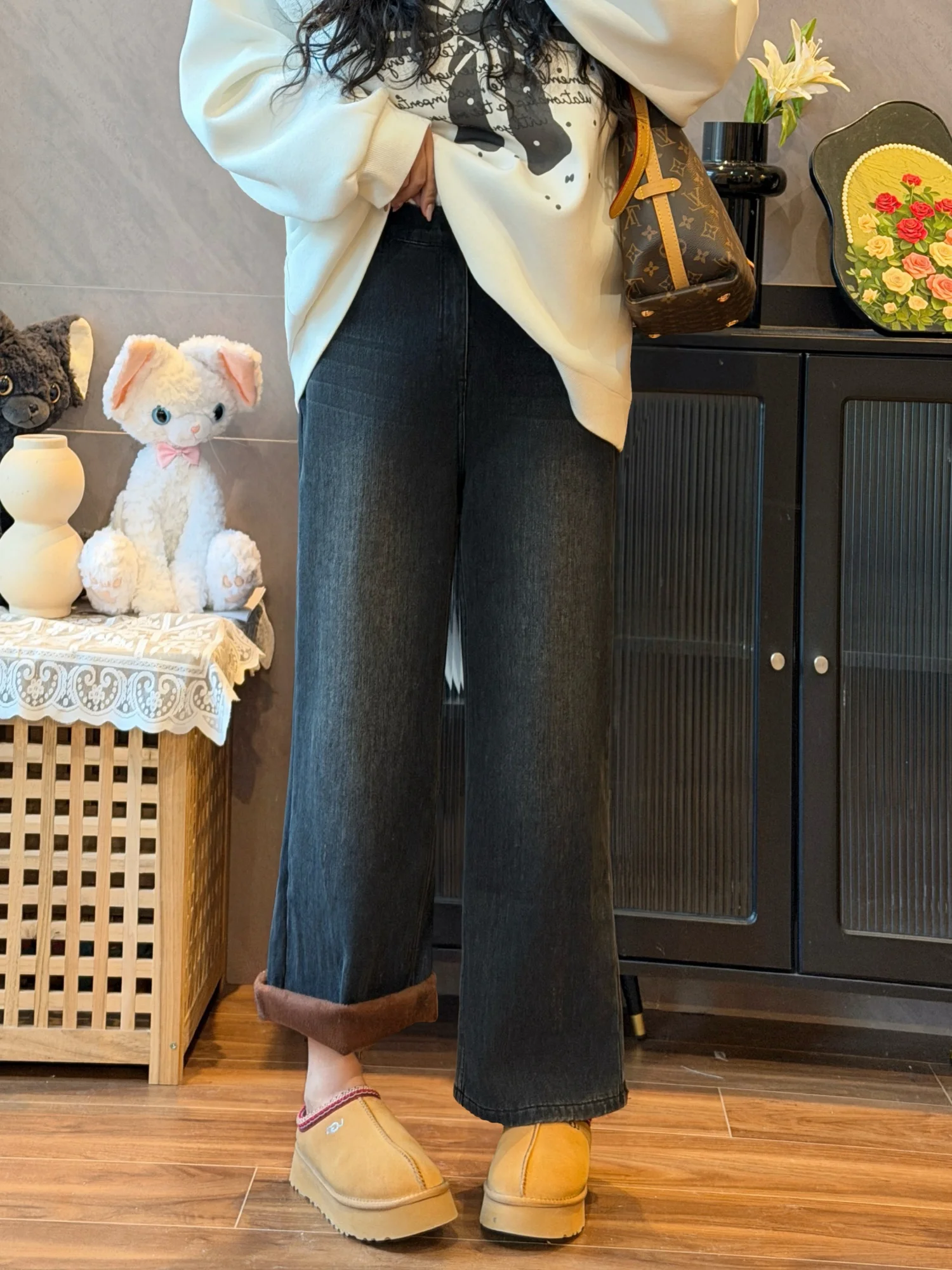 

Женские джинсы больших размеров с флисовой подкладкой, высокой талией, утягивающие, для повседневной носки, осенне-зимние, прямые, слегка расклешенные