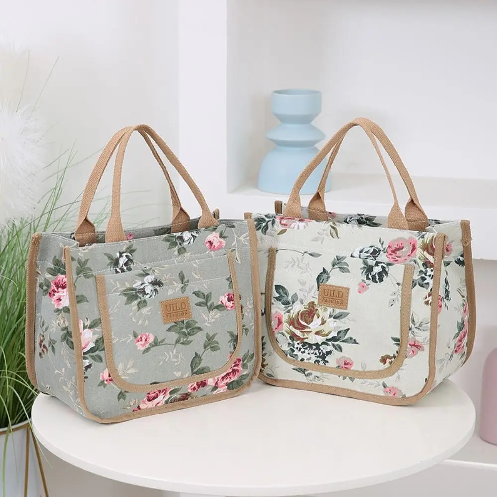 

Portable Insulated Floral Print Lunch Bag Flower Foil Lining Thermal Picnic Bag Large Capacity Zippered Tote Bag Women