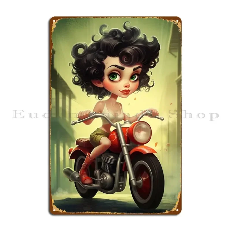 Unbelievable This Adorable Cartoon Girl Takes Motorcycle Riding To A Whole New Level Metal Sign Wall Cave Cinema Mural