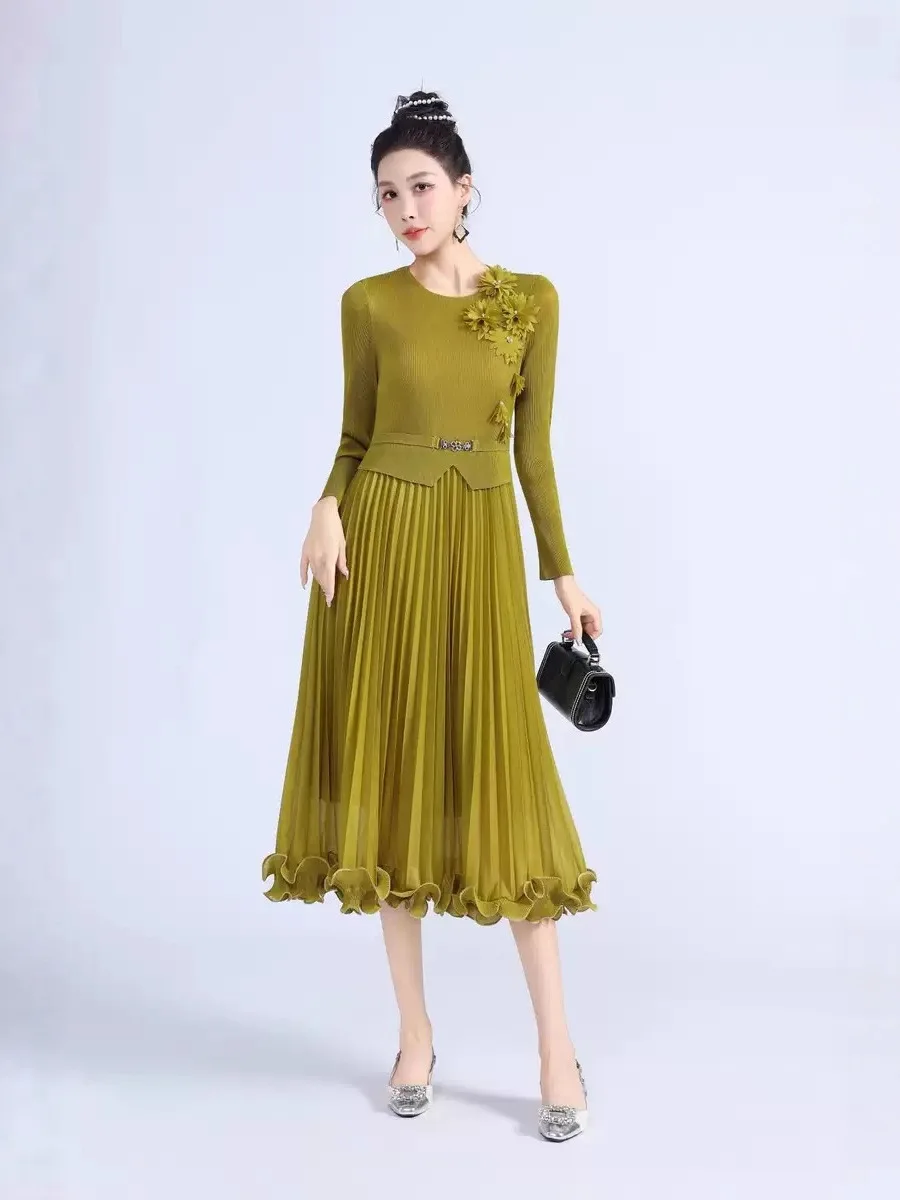 Miyake geplooide schimmelrand losse jurk driedimensionale bloemdecoratie slanke jurk dames