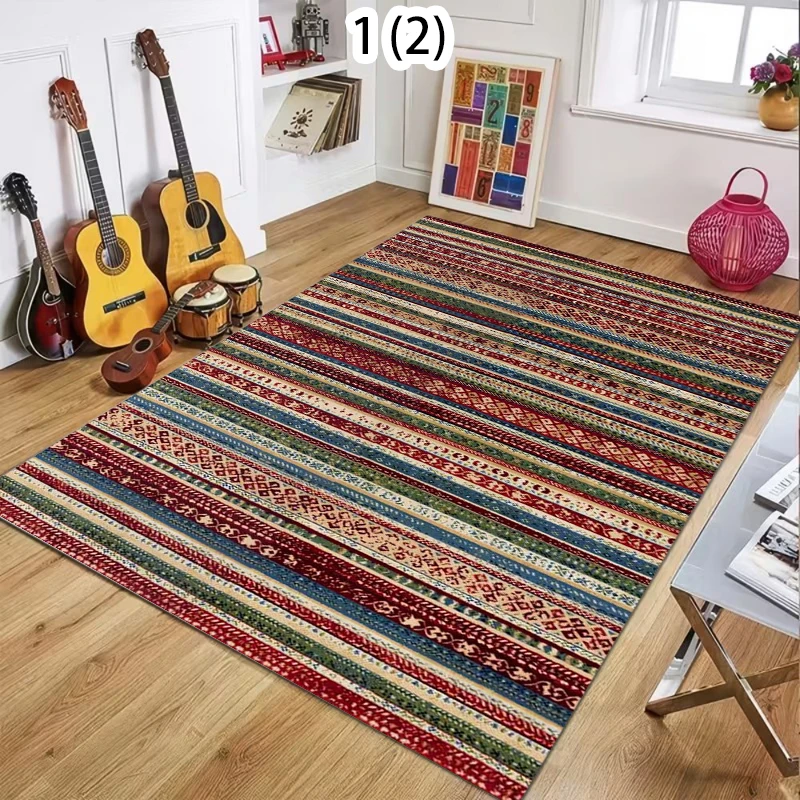 Tapis décoratif bohème à rayures colorées, style ethnique, tapis vintage à couleurs contrastées, tapis antidérapant pour salon et chambre à coucher