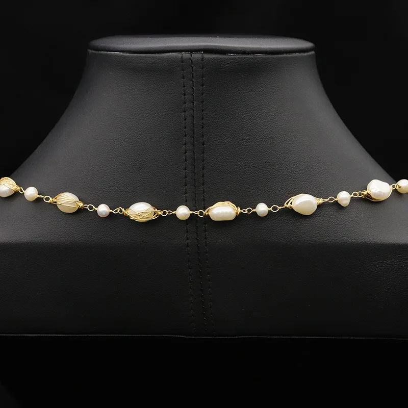 Natural Freshwater Pearl Necklace Wire Wrapped Braided Adjustable Clip Beads Sweater Chain Vintage Design Sense Jewelry