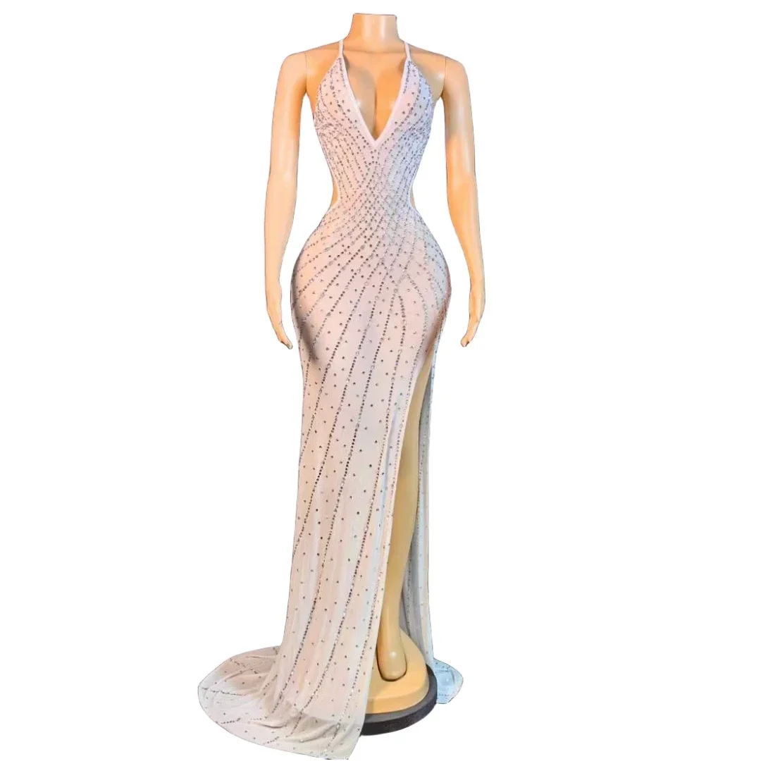 

White Long Dress For Women Rhinestone Birthday Evening Party Wedding Queen Outfit Sexy Backless Stage Wear Nightclub