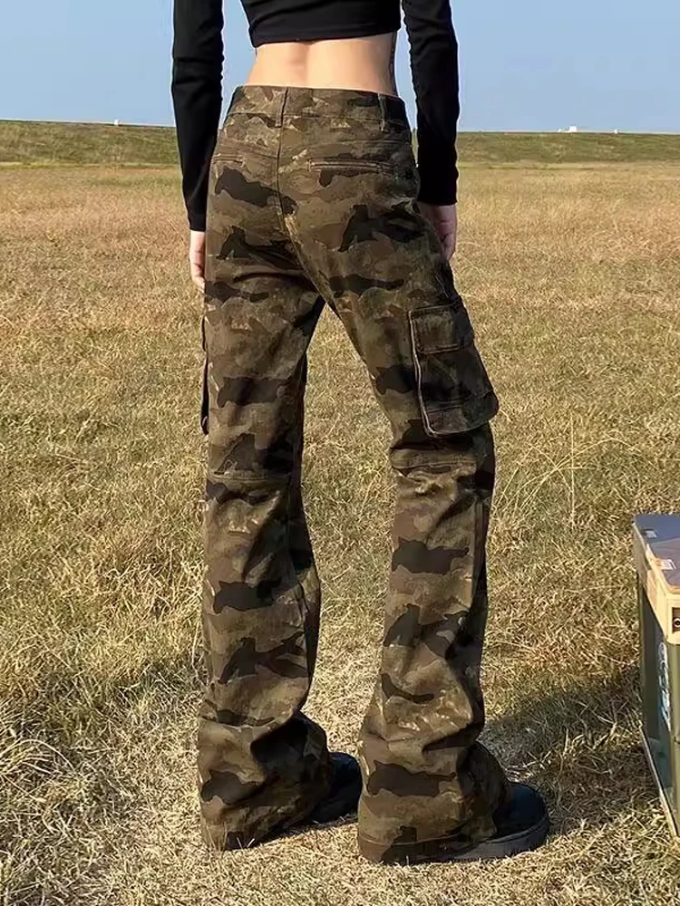 Retro American Camouflage Jeans Men's Women's Slim Fit Flared Pants High Street Sle Autumn Workwear Straight Leg Jeans