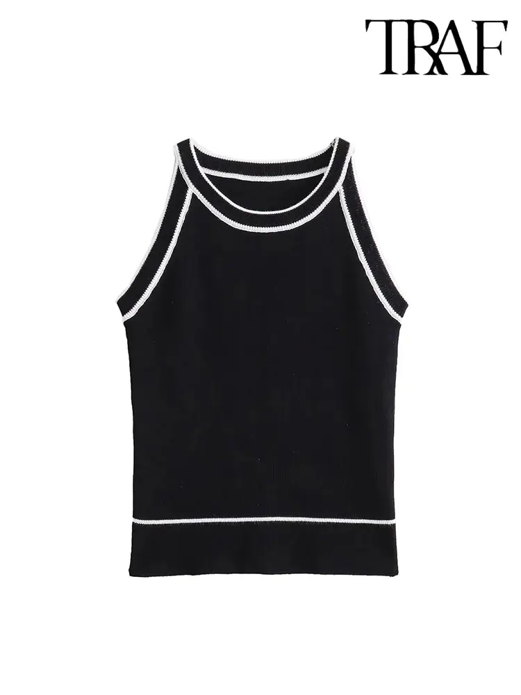 TRAF 2023 Autumn Contrast Knitted High Stretch Women Black Vest Sleeveless Skinny Tanks Female Halter Crop Top Y2K