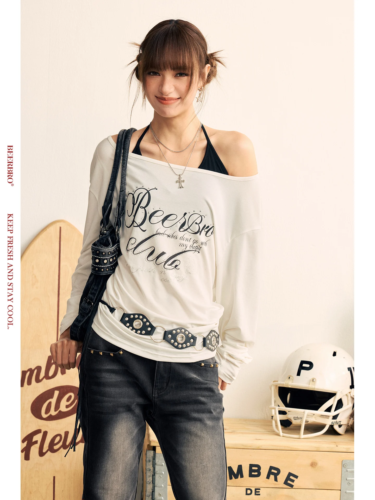 

Comfortable BeerBro Music Festival Long Sleeve T-Shirt Set Sexy One Shoulder Waist Cinched Loose Fit Women's Spring Fashion