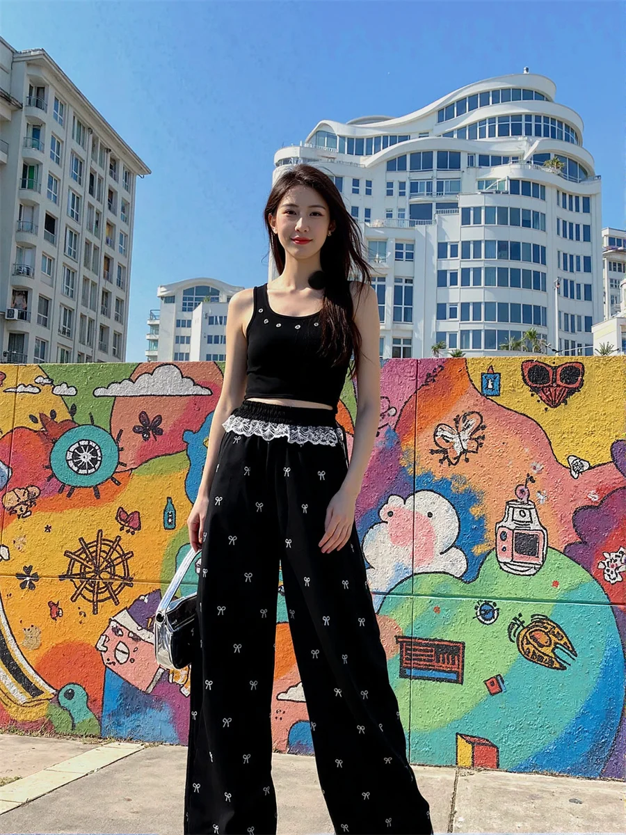 กางเกงขายาวทรงพาลาซโซผู้หญิงแบบผูกเชือก ทรงหลวม สไตล์ฤดูใบไม้ร่วง เอวสูง ทรงเข้ารูป ยืดหยุ่น เซ็กซี่ เหมาะสำหรับงานปาร์ตี้กลางคืน สีดำเงา