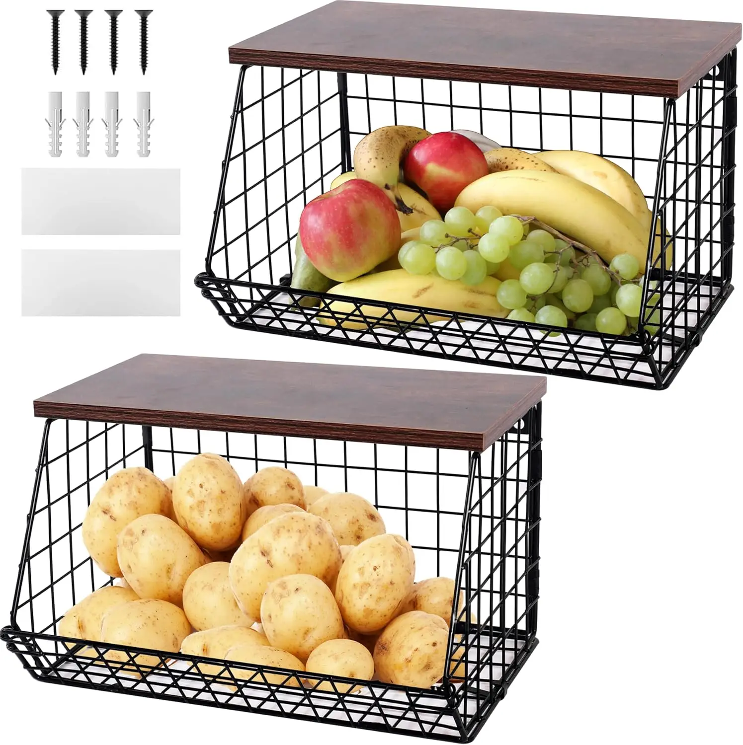 2 Set Large Wall Mounted Basket with Stackable lid Wood Top-Fruit Bowl-hanging fruit basket-Saving Organizing-Kitchen Counter Or