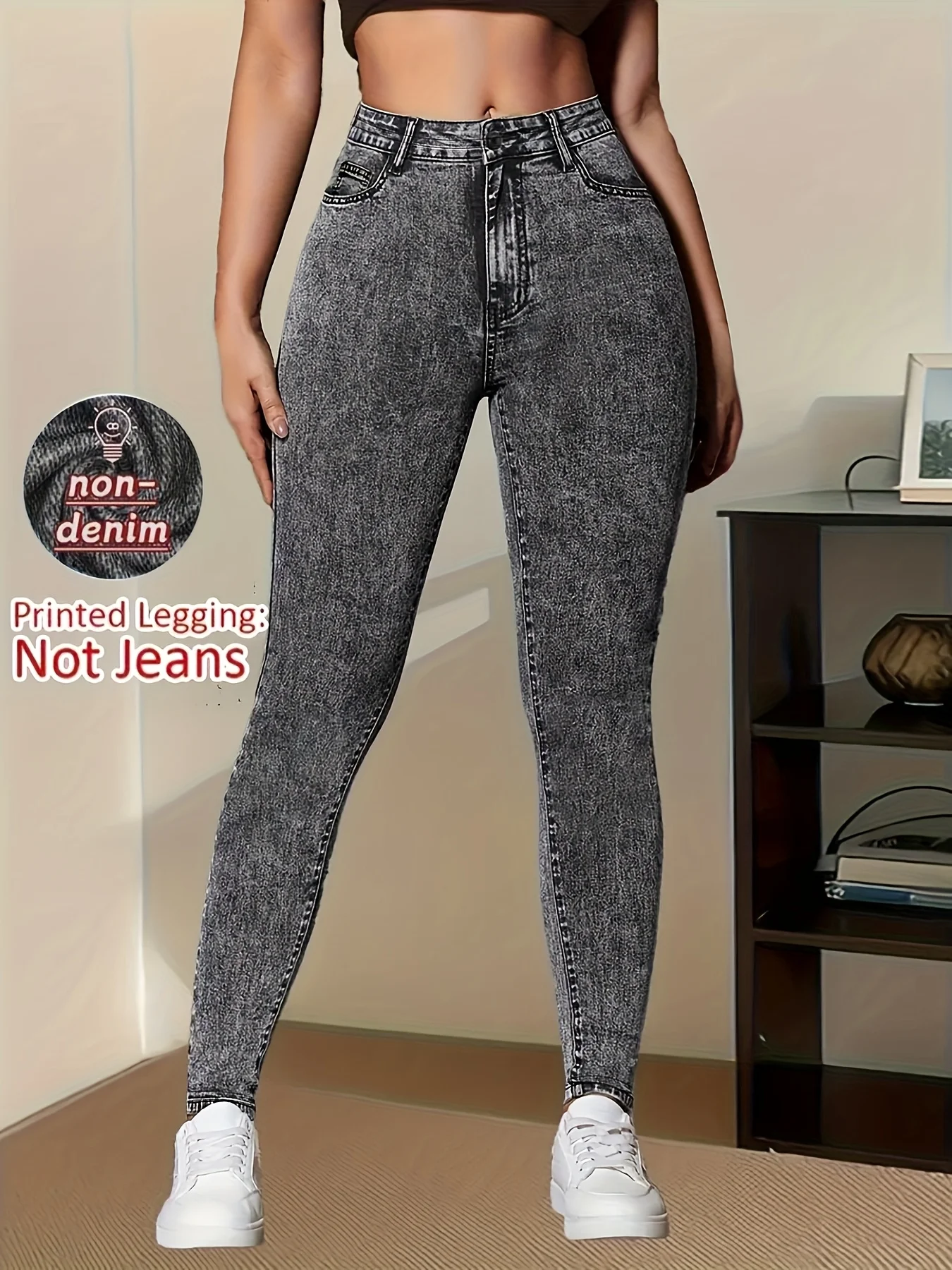 Women Printed Leggings Not Denim Fabric, Fake Pocket & Button Print Design Pants, High Elastic Fashion Slim Fit Skinny Casual