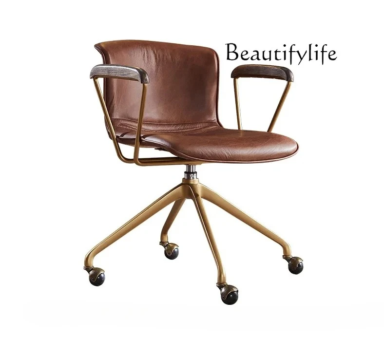 

Nordic modern first-layer cowhide all-leather nostalgic antique office chair wrought iron computer swivel chair