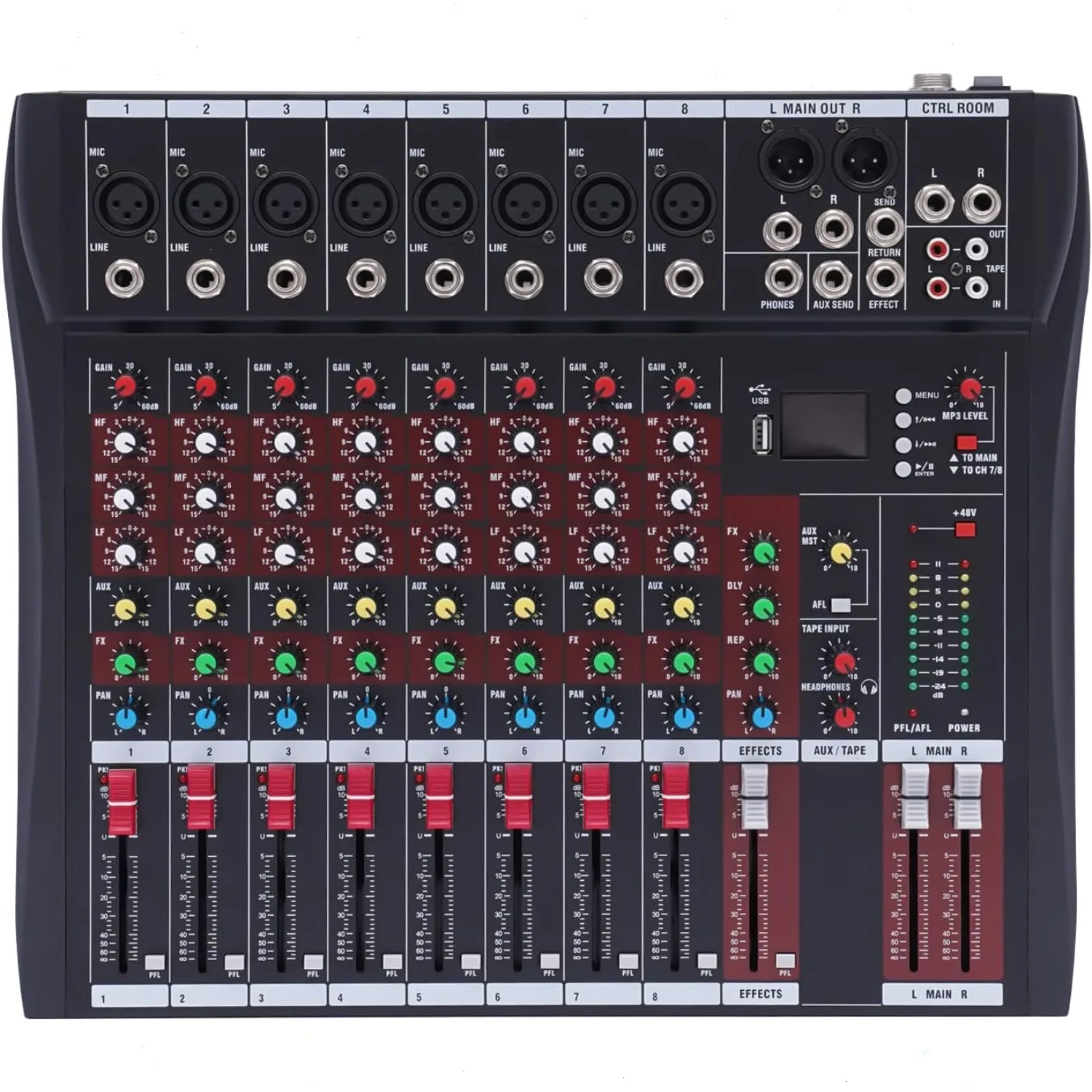 Mezclador de DJ Profesional de 8 Canales con Bluetooth, USB, Puertos XLR, para Grabaciones de Estudio, Actuaciones en Vivo y Grabación Casera