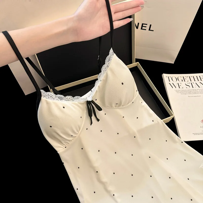 Summer New Arrival Women Sexy Polka Dot Bow Ice Silk Ribbed Stretch Lace Spaghetti Strap Nightgown Loungewear Sleepwear