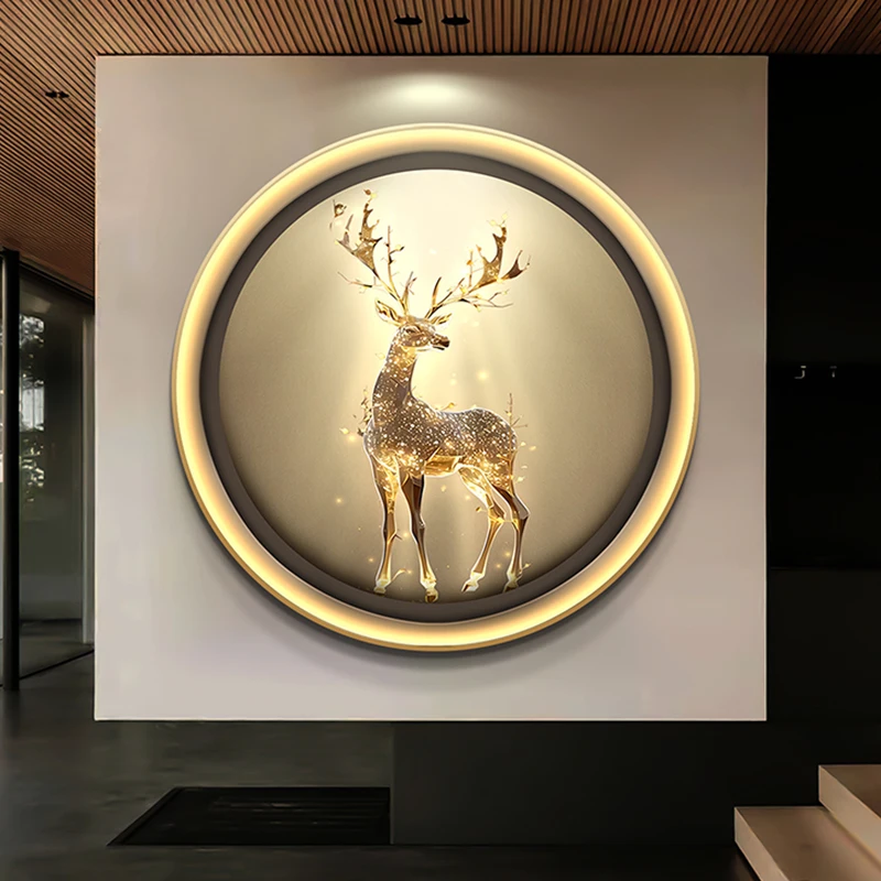 Golden Deer Circular Entrance Decoration Lamp Painting Corridor Hanging LED Painting Entrance Background Wall With Light Mural