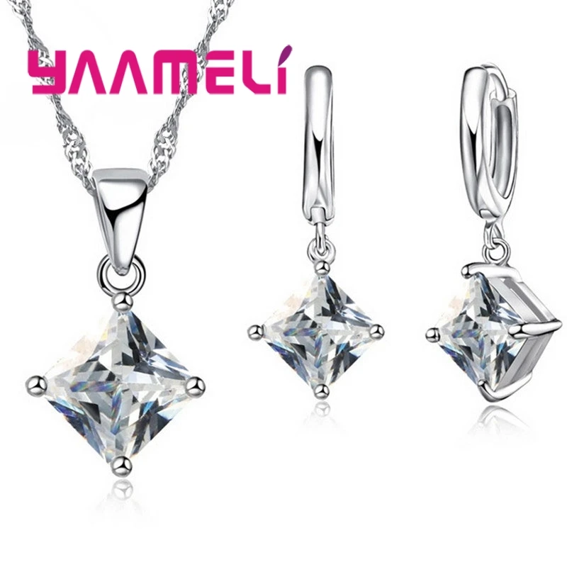 New Arrival 925 Sterling Silver Women Accessories Earrings Jewelry Set With Square Shinny CZ Necklace