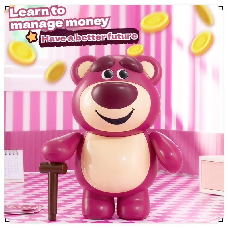 Disney Pixar Smile Strawberry Bear Fashion Piggy Bank With Music Cute Lotso Toy Model Desktop Ornament Birthday Surprise Gifts