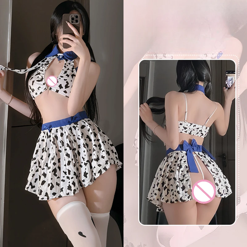 النساء الملابس الداخلية مجموعات غريبة المنزل النوم ملابس النوم حمالات الصدر مع ملخصات اللباس الداخلي تنورة البقرة فتاة تأثيري دور اللعب موحدة #2